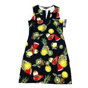 New York & Company Dress XS Fruit Print Sleeveless V-Neck Cotton Black Multi NWT